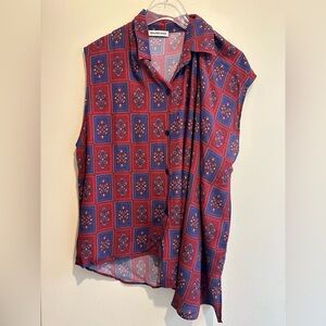 BALENCIAGA PRINTED ASYMMETRIC SLEEVELESS BUTTON DOWN BLOUSE